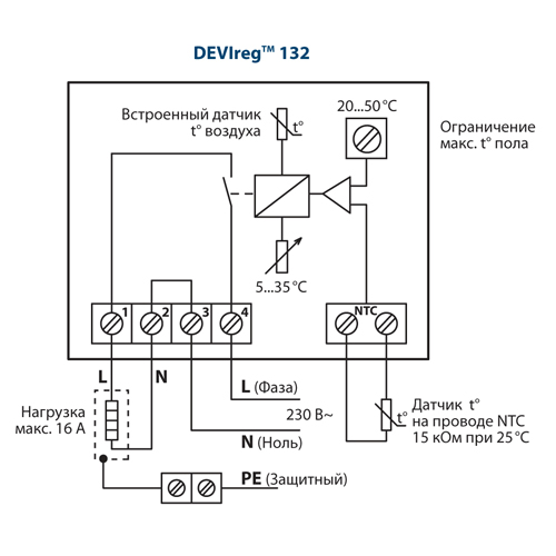 Терморегулятор DEVIreg 130 | Терморегулятор DEVIreg 130 | схема підключення